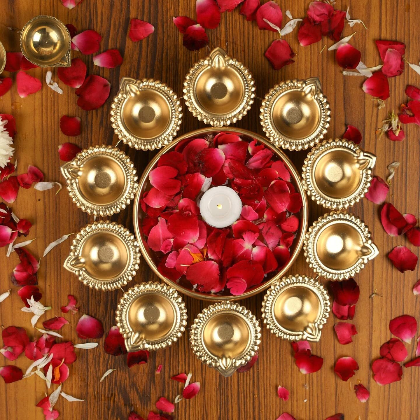 Tied Ribbons 2 Pcs Decorative Urli Bowl With 10 Attached Oil Diyas For Floating Flowers And Tealight Candles (29 Cm X 5 Cm) - Diwali Decoration Items For Home Decor Center Table Pooja Room Office