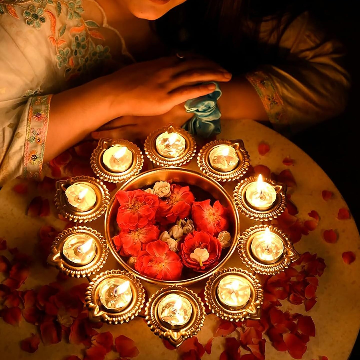 Tied Ribbons 2 Pcs Decorative Urli Bowl With 10 Attached Oil Diyas For Floating Flowers And Tealight Candles (29 Cm X 5 Cm) - Diwali Decoration Items For Home Decor Center Table Pooja Room Office