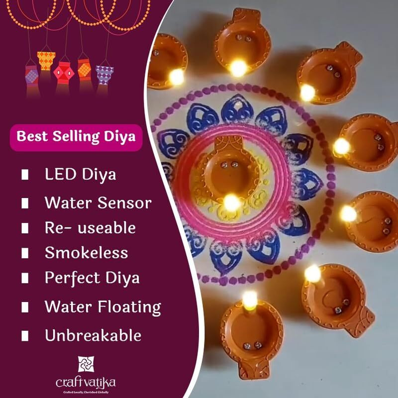 Carftvatika 12 Led Water Sensor Diya For Diwali Decoration Item For Home Dcor And Diwali Gift - Multicolor Led Diya Set Festival Diwali Decor For Office Living Room Diwali Festival Item (12 Pcs)