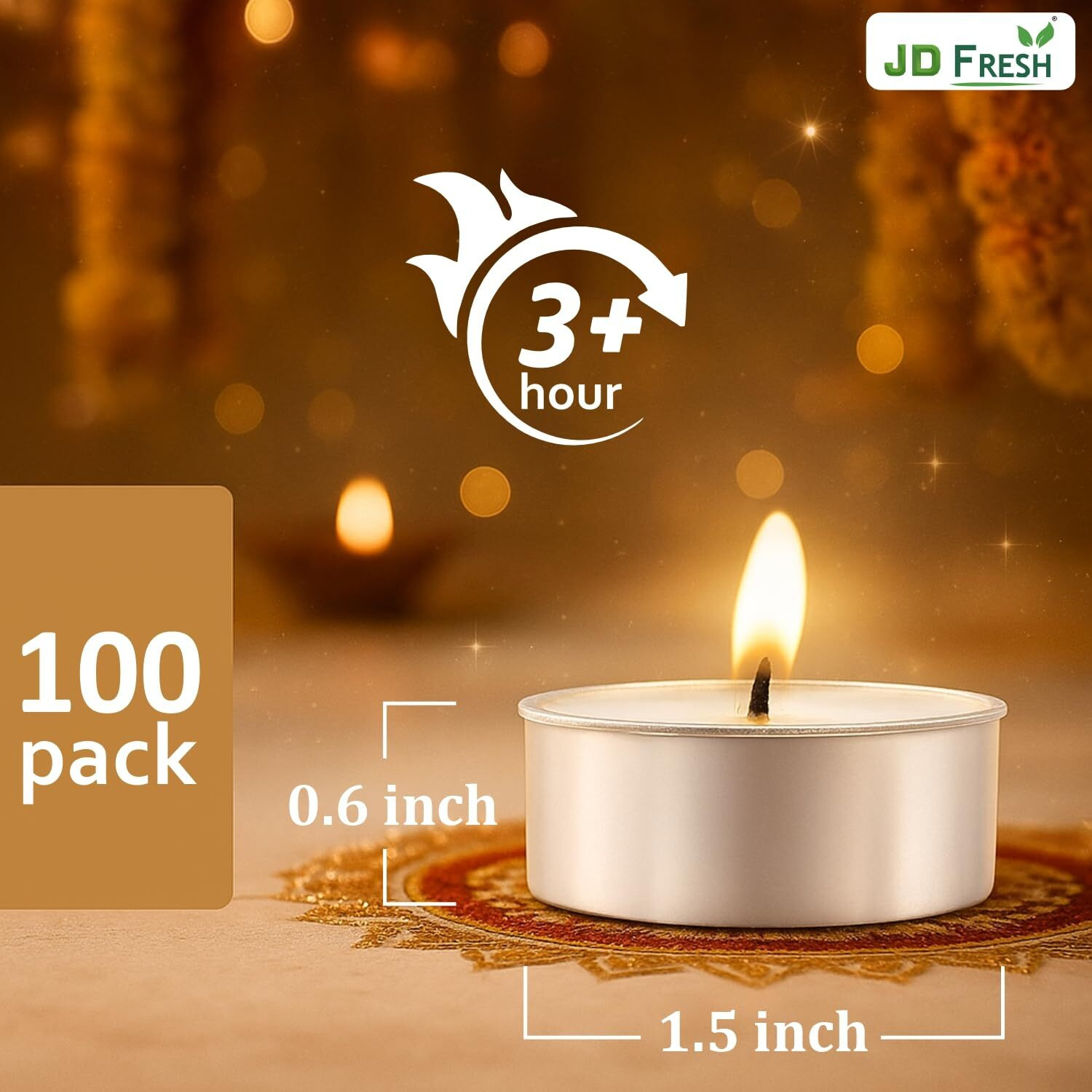 Jd Fresh 100 Pieces Candles For Diwali/Tea Lights Paraffin Smokeless Candles 2-3 Hours Long Burning Time/Festivals & Religious Rituals Unscented For Diwali Decoration/Home/Weddings & Emergencies,White