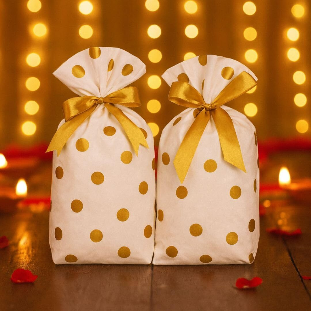 Satyam Kraft 20 Pcs Polka Dot Gift Pouches For Birthday Return Gift Bags- Potli, Goodie Bag - Gift Packing Bags, Gift Cover Pouches For Diwali & Deepawali, Navratri, Kids Birthday, Chocolates, Dry Fruits, Party Bags, Wedding And Festive Packing (Golden)