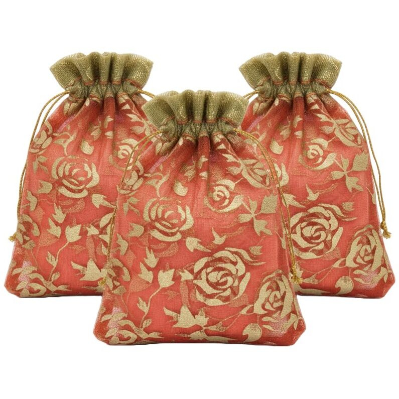 Shree Decorative Premium Drawstring Shagun Potli Bags For Gifting, Red And Gold Rose Design (Pack Of 30 Pcs), Small Gift Pouches (13X10 Cm), Shagun Dry Fruits Packing, Diwali Gift, Small Pouches/Potli For Return Gifts