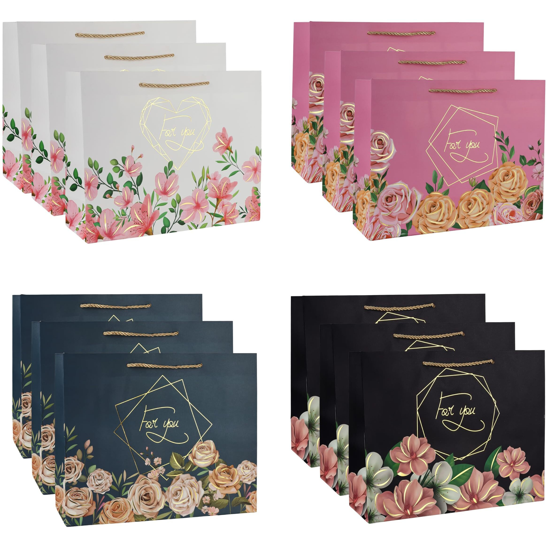 Lavya Small Size Flower Print Gold Foil Work Paper Gift Bags | Return Gift Carry Bags For Party, Wedding, Baby Shower, Festive Gifting, Diwali, Birthday (Floral Gold) (Small 9X7X4 Inch, Pack Of 12)