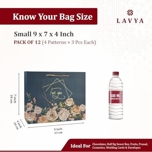 Lavya Small Size Flower Print Gold Foil Work Paper Gift Bags | Return Gift Carry Bags For Party, Wedding, Baby Shower, Festive Gifting, Diwali, Birthday (Floral Gold) (Small 9X7X4 Inch, Pack Of 12)
