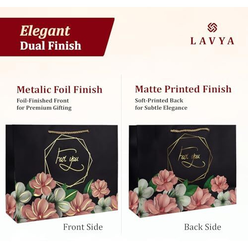 Lavya Small Size Flower Print Gold Foil Work Paper Gift Bags | Return Gift Carry Bags For Party, Wedding, Baby Shower, Festive Gifting, Diwali, Birthday (Floral Gold) (Small 9X7X4 Inch, Pack Of 12)