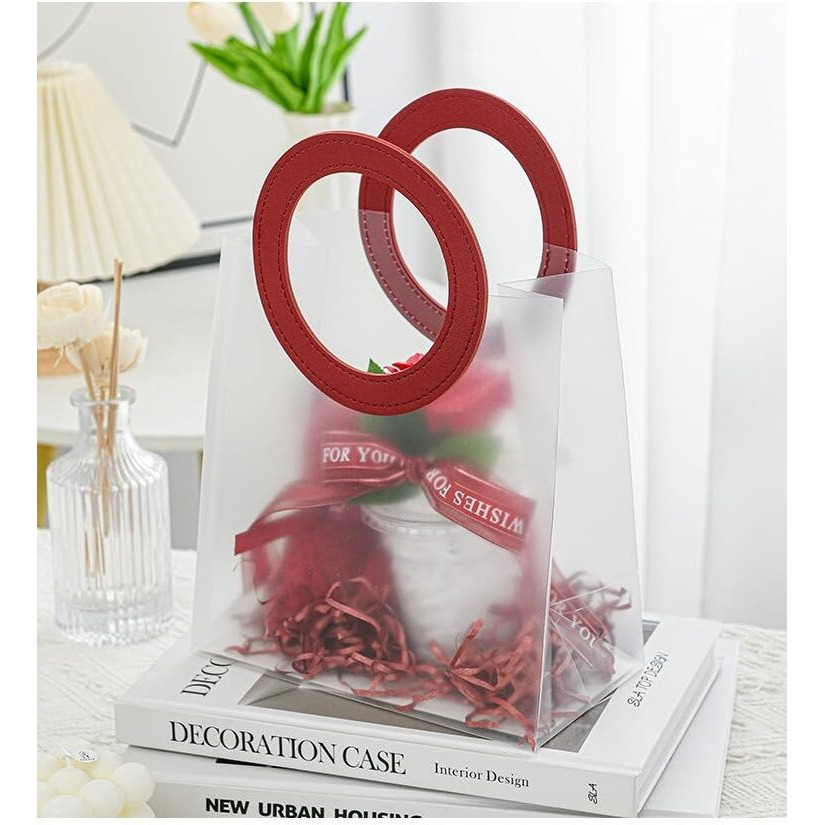 Satyam Kraft 6 Pcs Translucent Goodie Bag Round Leather|Gift Bag For Her / Him,Mothers Day,Handle Hamper Bag,Carry Bags,Shopping Gift Bag,Presents,Packing(Red,18.5 X 16 Cm)