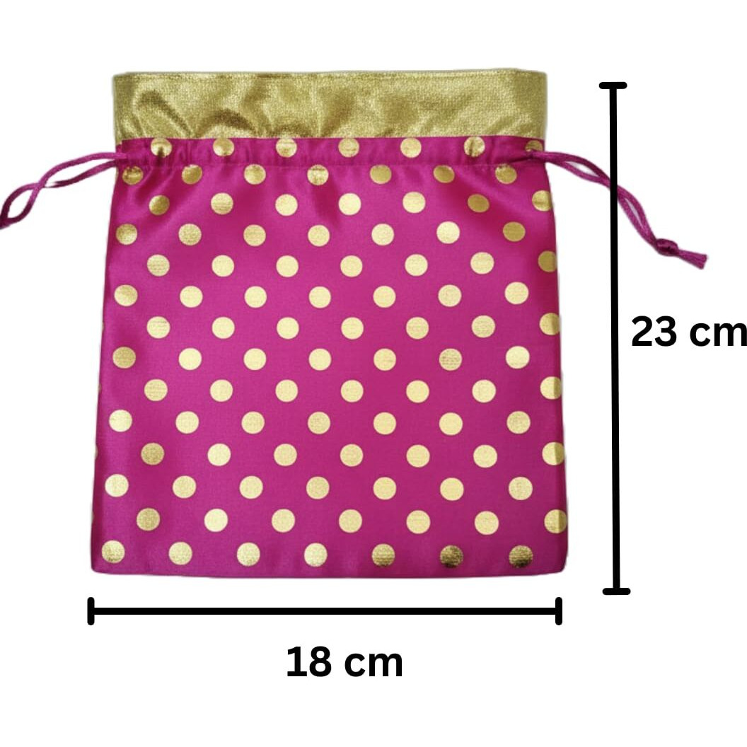 Shree Decorative Premium Drawstring Shagun Potli Bags For Gifting, Pink With Polka Dots (Pack Of 10 Pcs), Gift Pouches (23X18 Cm), Shagun Dry Fruits Packing, Diwali Gift, Pouches/Potli For Return Gifts