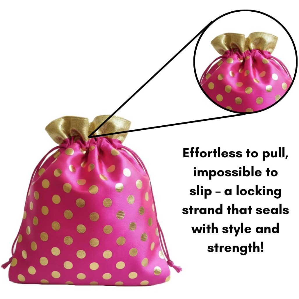 Shree Decorative Premium Drawstring Shagun Potli Bags For Gifting, Pink With Polka Dots (Pack Of 10 Pcs), Gift Pouches (23X18 Cm), Shagun Dry Fruits Packing, Diwali Gift, Pouches/Potli For Return Gifts