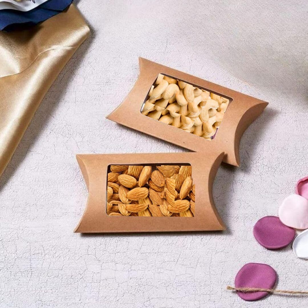 Ssatyam Kraft 10 Pcs Brown Small Paper Pillow Gift Boxes With Transparent Window | Folding Boxes For Diwali Deepawali New Year Packing Chocolates Dry Fruits Mithai Wedding Return Gifts Festive Hampers