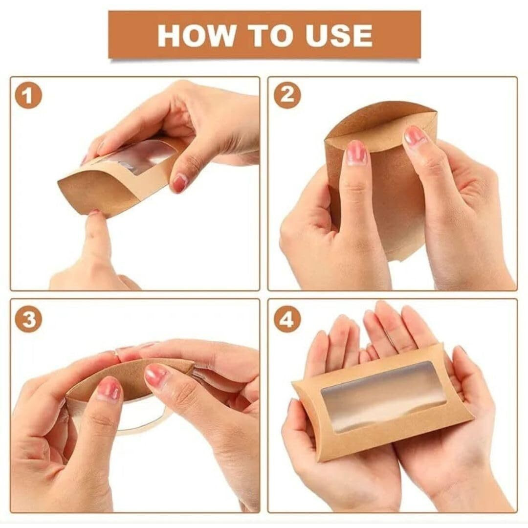 Ssatyam Kraft 10 Pcs Brown Small Paper Pillow Gift Boxes With Transparent Window | Folding Boxes For Diwali Deepawali New Year Packing Chocolates Dry Fruits Mithai Wedding Return Gifts Festive Hampers