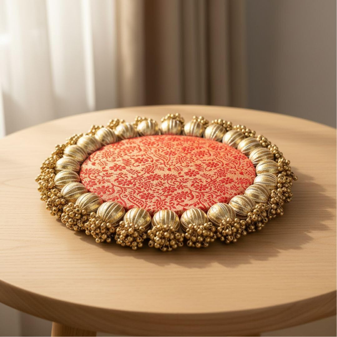 Satyam Kraft 1 Pcs (6 Inch) Handmade Jhumki Platter With Gota Patti & Golden Moti For Navratri, Diwali, Deepawali, Festive Home Decor, Pooja Thali, Wedding Table Decoration, Gift Platter