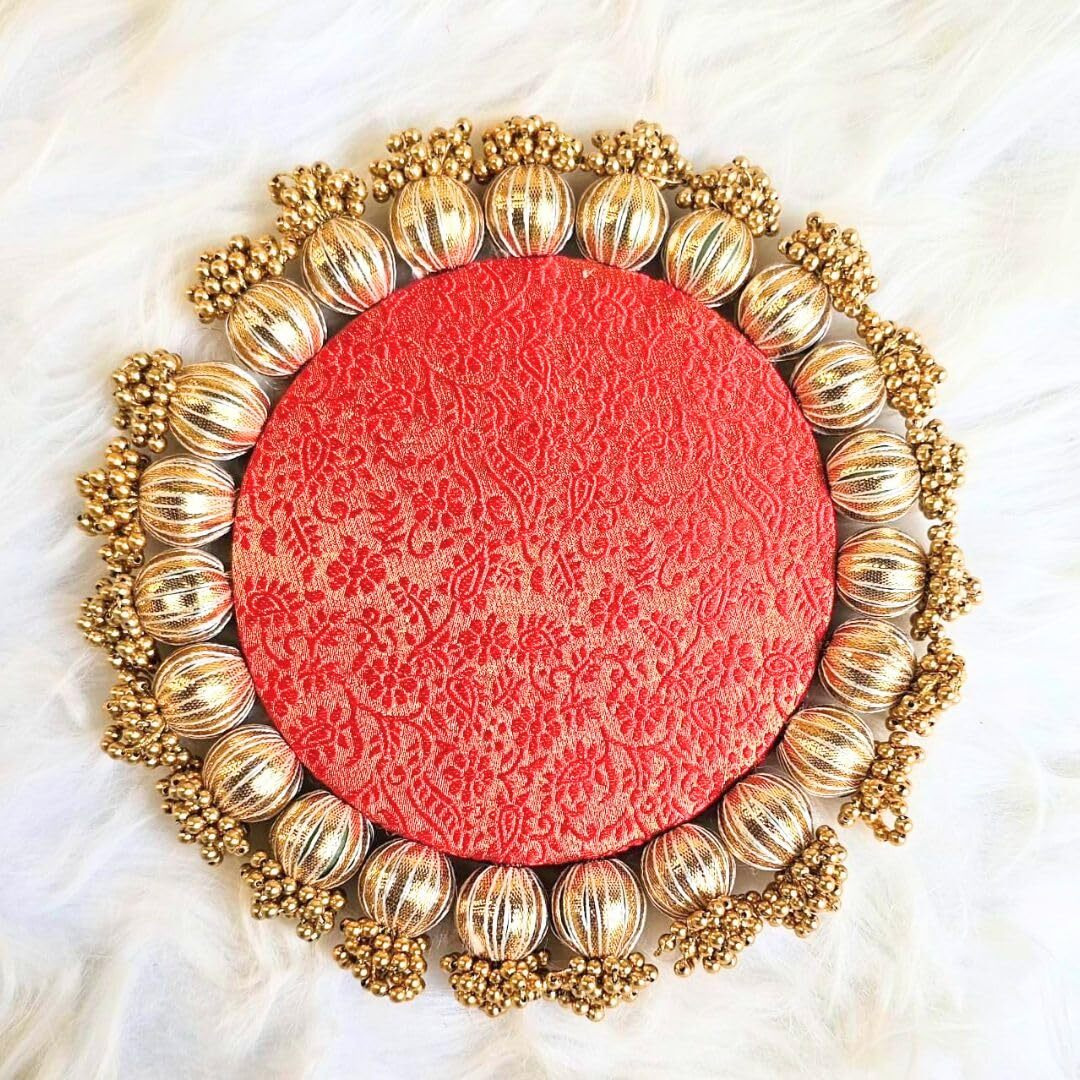 Satyam Kraft 1 Pcs (6 Inch) Handmade Jhumki Platter With Gota Patti & Golden Moti For Navratri, Diwali, Deepawali, Festive Home Decor, Pooja Thali, Wedding Table Decoration, Gift Platter