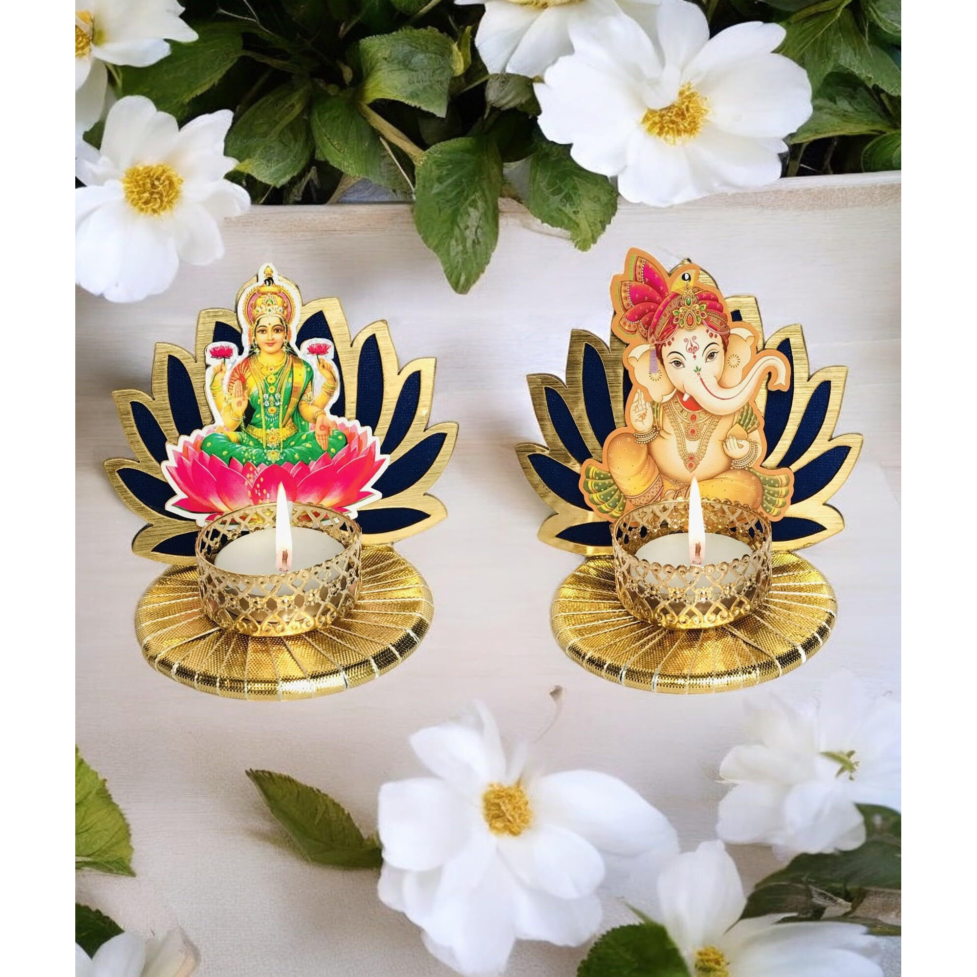 Arooman Handmade Lotus Laxmi And Ganesh Tealight Candle Holder For Diwali Decoration, Festive Tabletop Dcor And Home Decoration, (Color Blue, Pack-02)