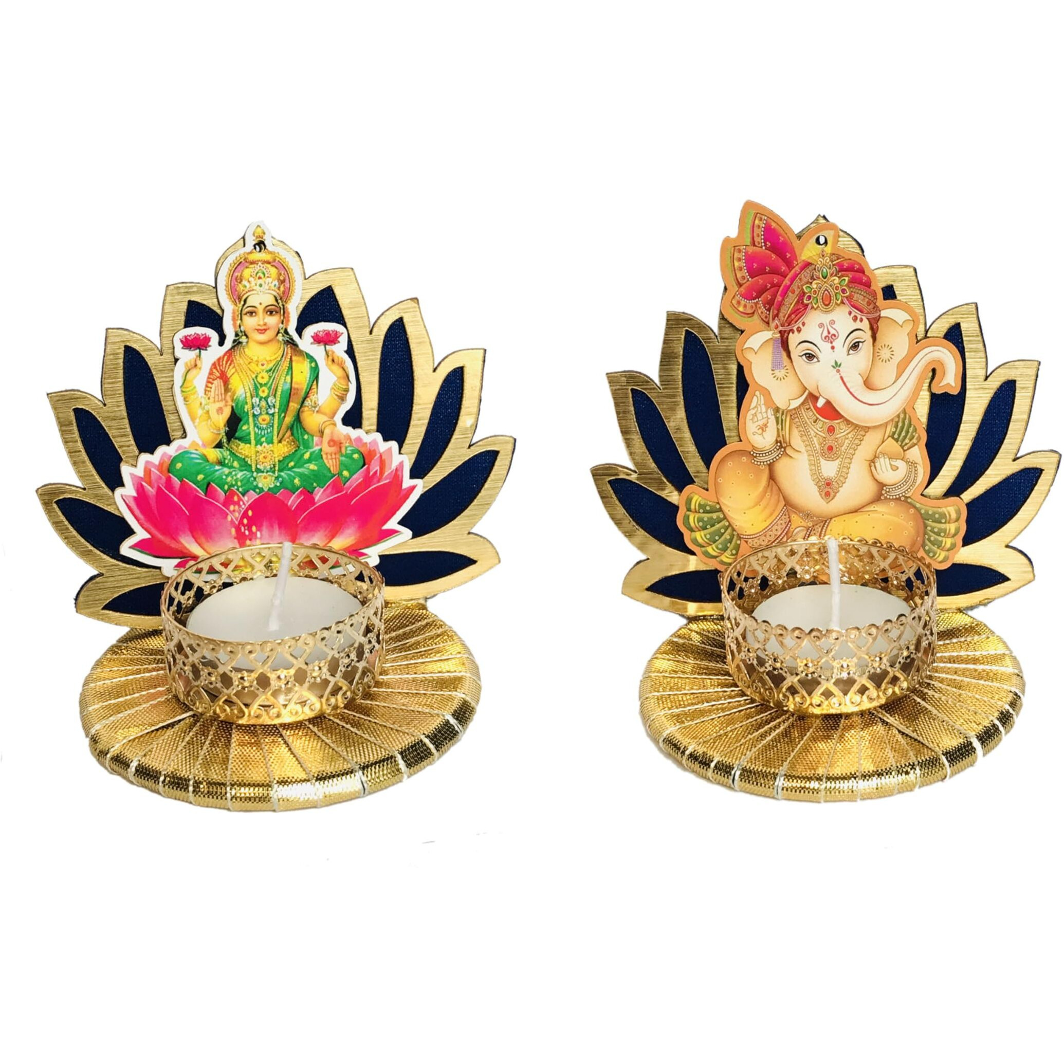 Arooman Handmade Lotus Laxmi And Ganesh Tealight Candle Holder For Diwali Decoration, Festive Tabletop Dcor And Home Decoration, (Color Blue, Pack-02)