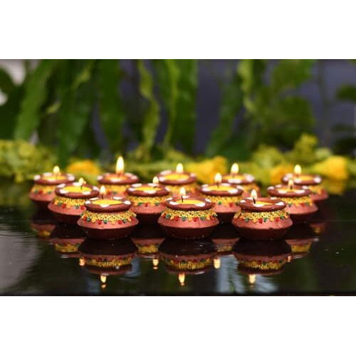Collectible India 12 Diwali Diya Colorful Handmade Earthen Clay Handpainted Diyas For Diwali Pooja Festival Decoration Lights For Diwali Home Indoor Outdoor Decor Gift Box Packing (Set Of 12)