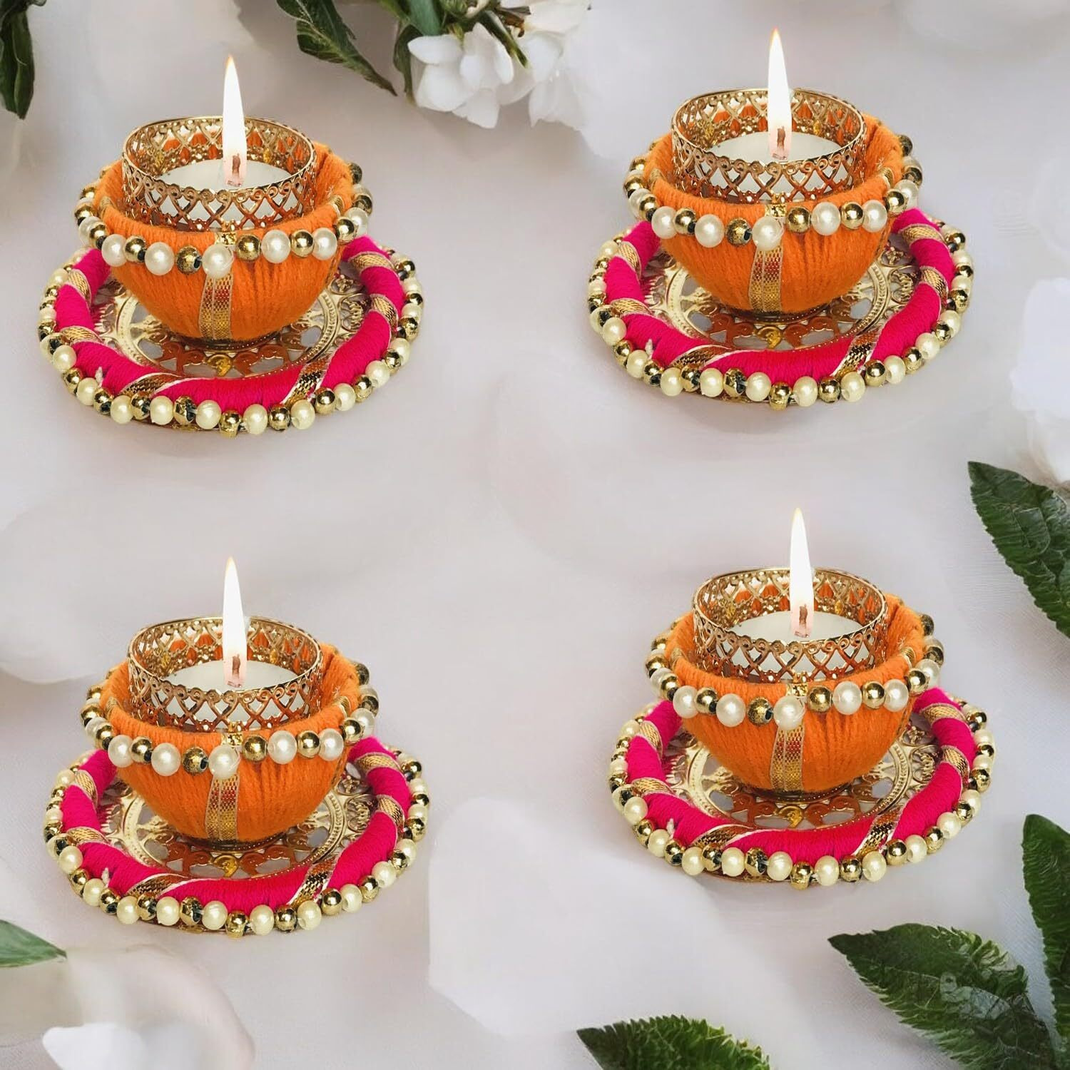 Arooman Handmade Round Shape Tealight Candle Holder For Diwali Decoration, Festive Tabletop Decor, And Home Decoration (Colour Multi, Pack Of 04)
