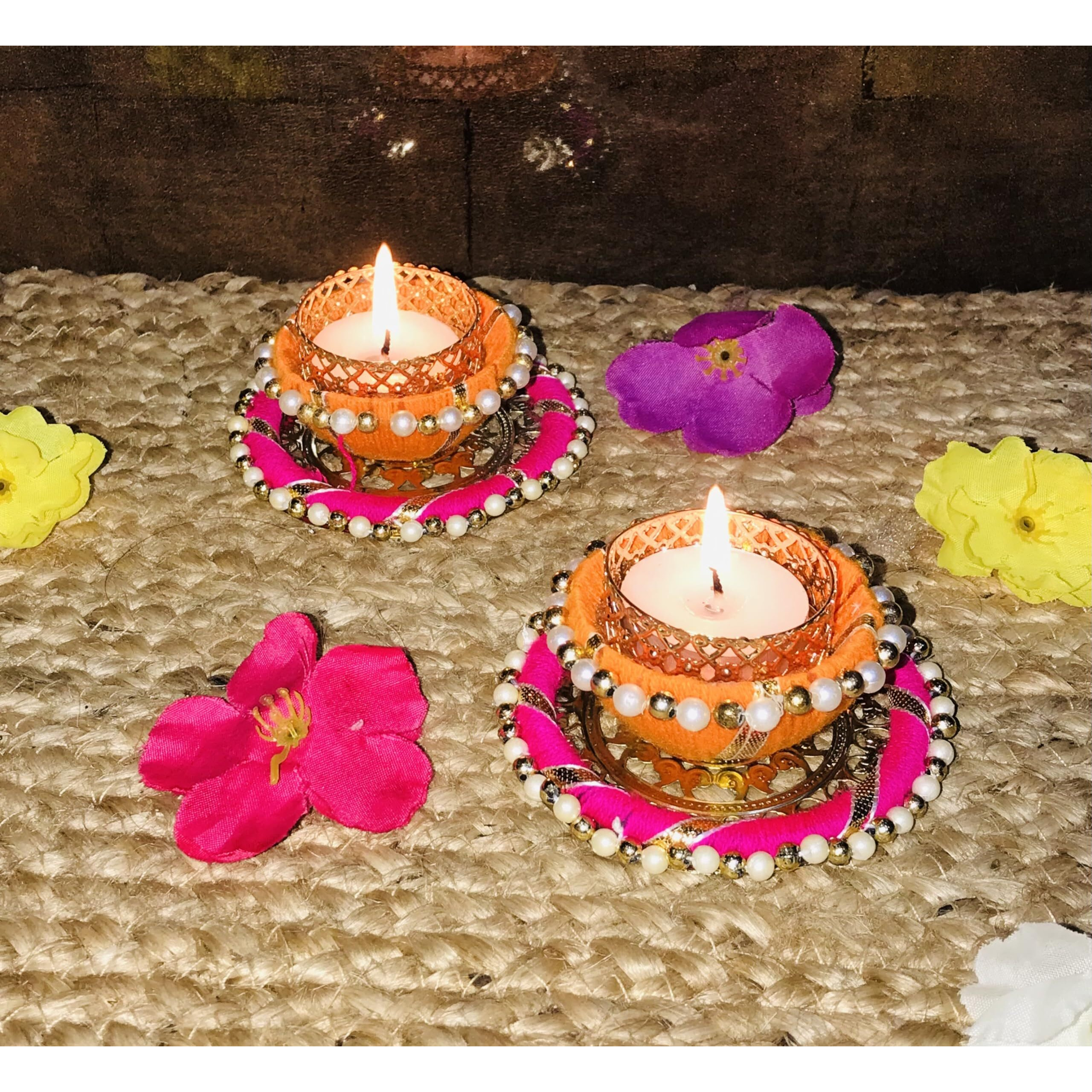 Arooman Handmade Round Shape Tealight Candle Holder For Diwali Decoration, Festive Tabletop Decor, And Home Decoration (Colour Multi, Pack Of 04)