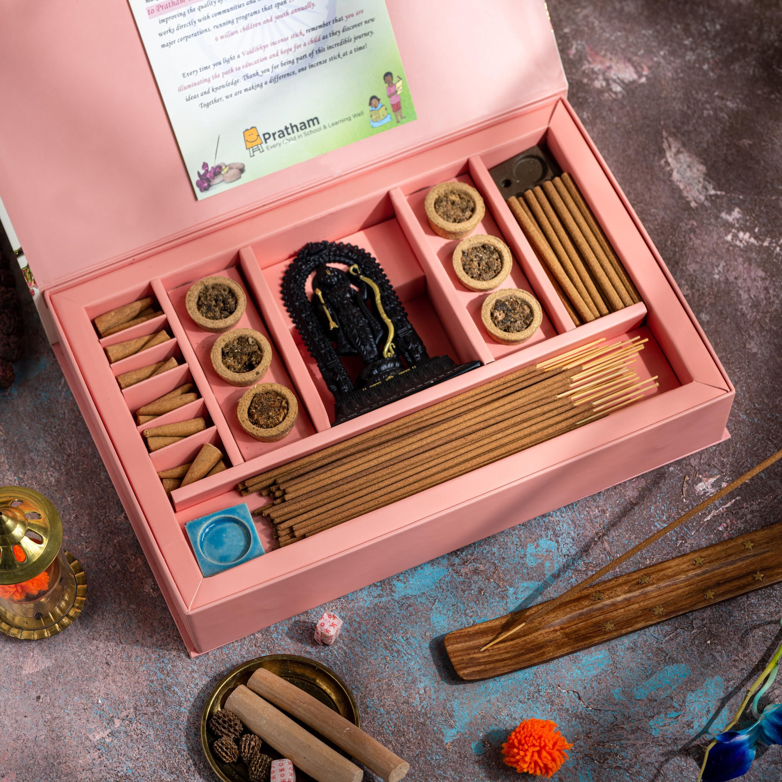 Vaidibhyo Luxury Gift Box Of Mixed Incense Products Of Rose (60 Agarbatti, 30 Dhoop, 30 Cones) & 6 Dhuna Havan Cups | Zinc Metal Ramlalla | Best Diwali Gift For Personal & Corporates | 3 Free Stands