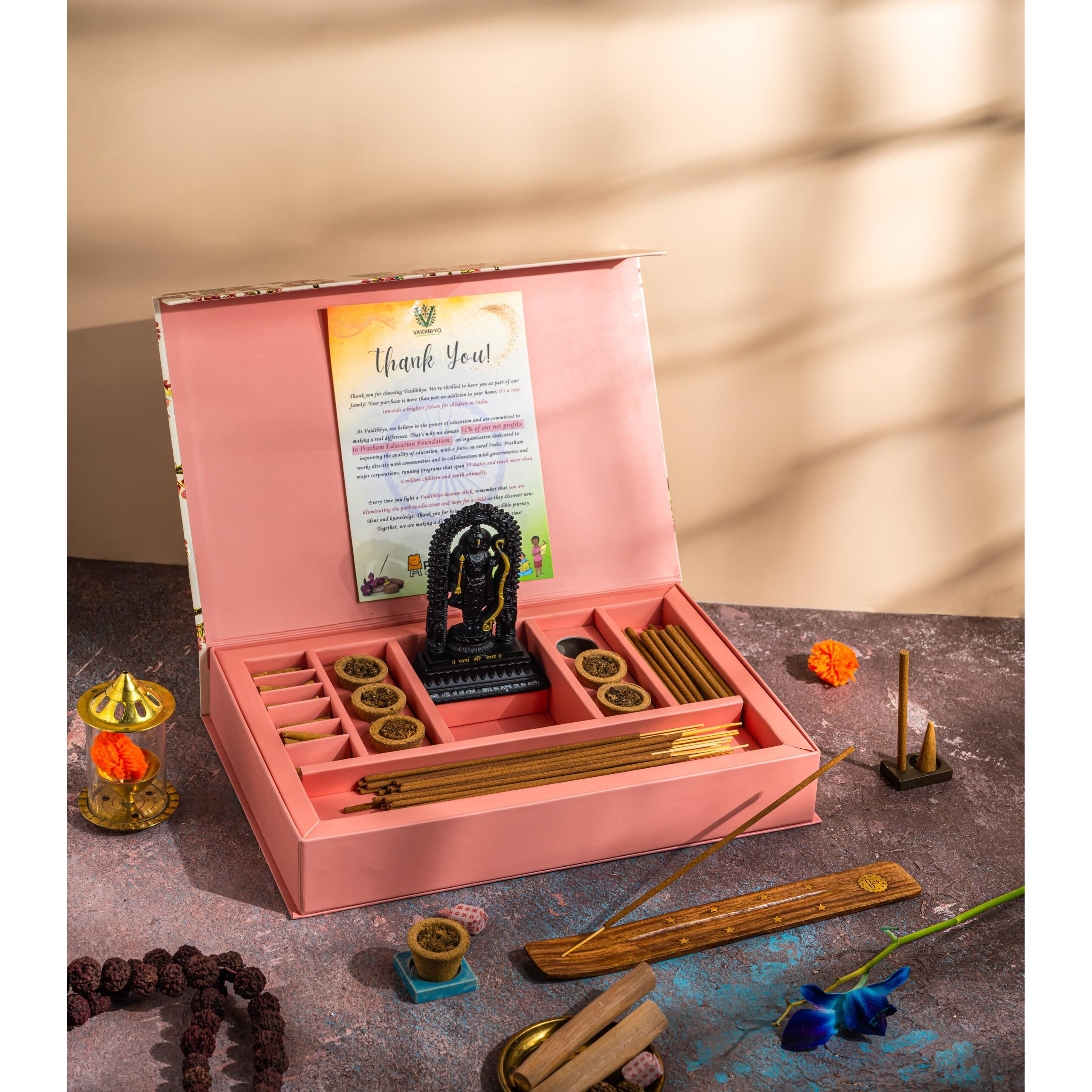 Vaidibhyo Luxury Gift Box Of Mixed Incense Products Of Rose (60 Agarbatti, 30 Dhoop, 30 Cones) & 6 Dhuna Havan Cups | Zinc Metal Ramlalla | Best Diwali Gift For Personal & Corporates | 3 Free Stands