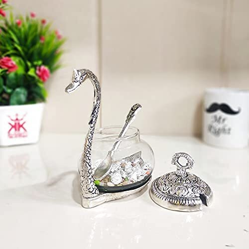 Prince Home Decor & Gifts Aluminum Duck Shaped Blue Colored Glass Bowl Tray Set With Spoon (11 X 15 X 11 Cm, Silver)