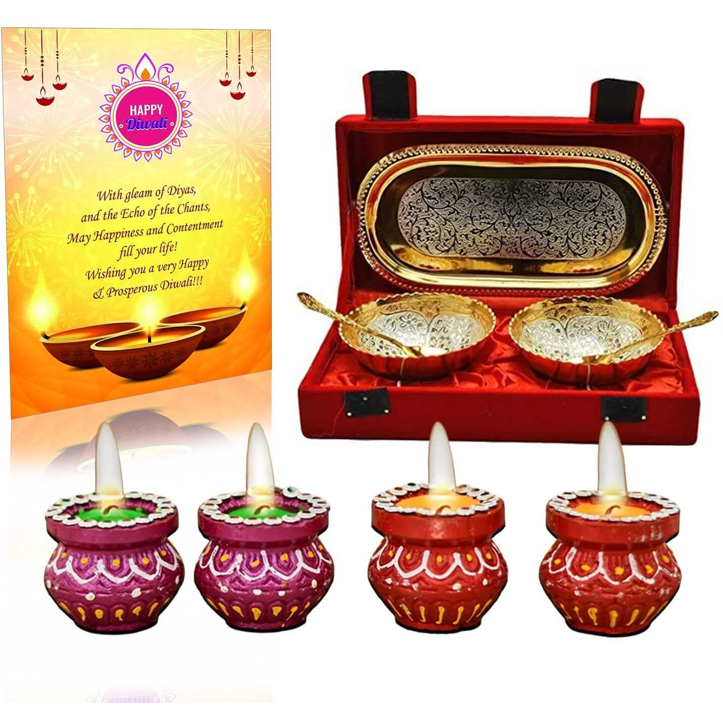 Collectible India Premium Diwali Gift Hamper Items Combo Gold & Silver Plated Brass Bowl Set With Velvet Box With Set Of 4 Wax Matki Diwali Candles Tealight Diya & Greeting Card For Family Friends