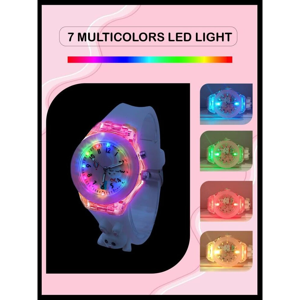 Spiky Analog 3D Cartoon Watch For Kids (Pink) | 7 Multicolor Led Luminous Lights With Radium Unbreakable Silicone Strap | Children's Unisex Best Birthday Gift | Analogue Wrist Watches For Girls & Boys | Age 3-10 Yrs
