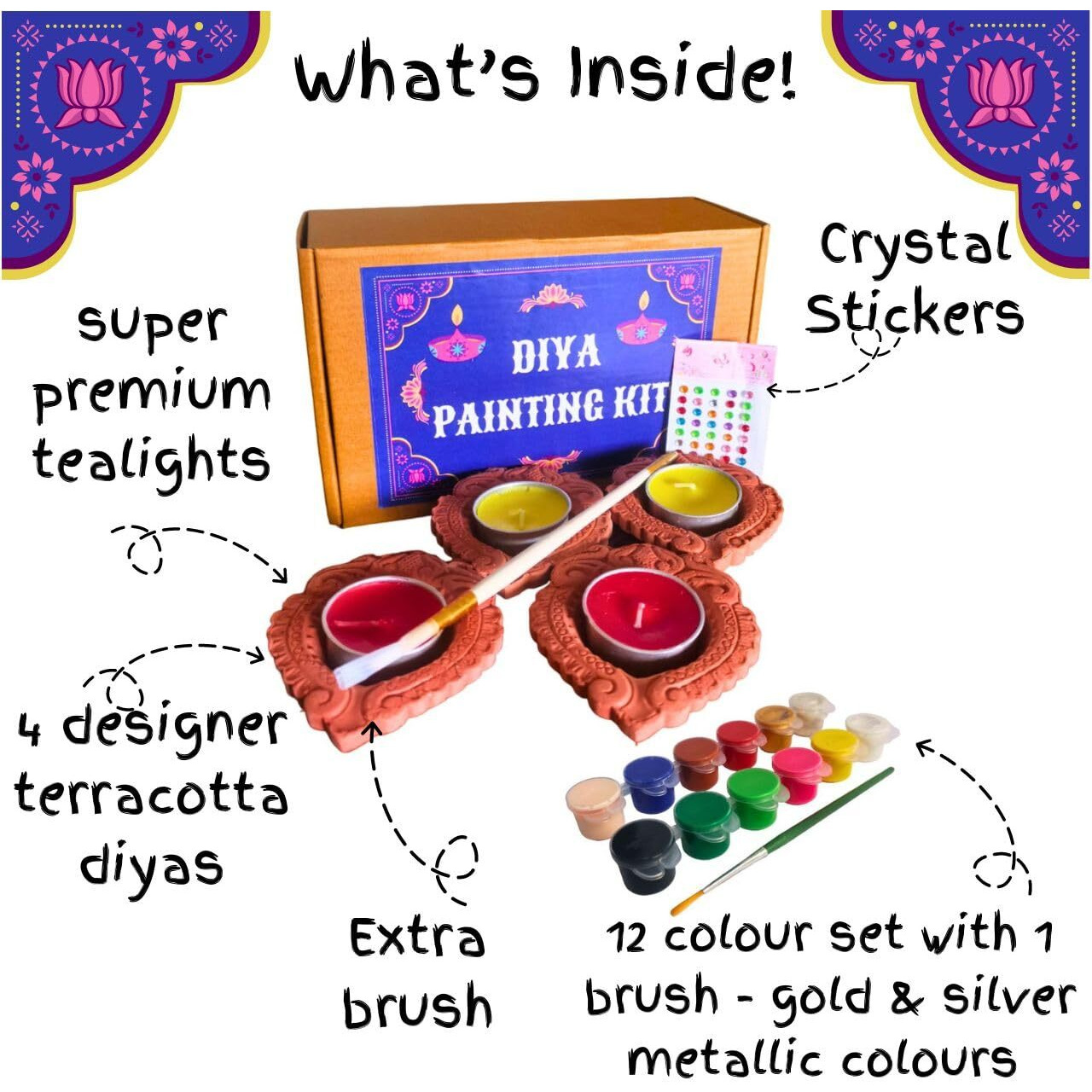 Make-Believe Festive Art & Craft - Diya Painting Kit With Designer Terracotta Diyas, Craft Kits, Diya Painting Kit, Gifts For Ages 4 To 9, Diwali Craft Kit