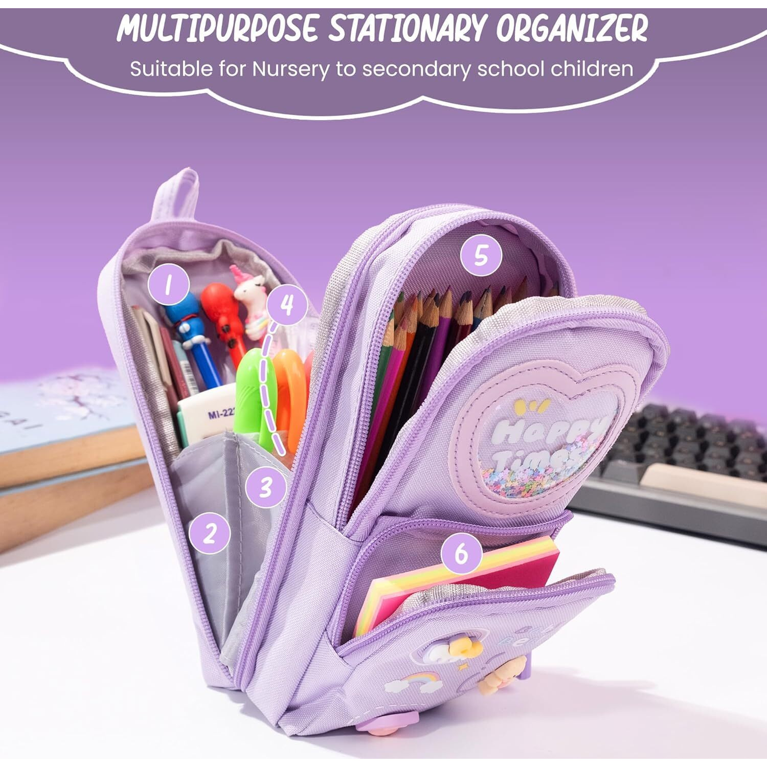 Wirescorts Premium Pencil Case 6 Layer With 3 Compartment Cute Aesthetic Pencil Case For Girls Large Capacity Pencil Pouch Multifunctional Pouch For School Kids Cute Stationary Gift - Purple