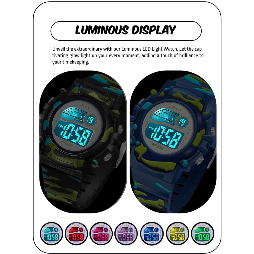 Spiky Digital Sports Watch For Kids Combo (Black & Blue) | Military Inspired Camouflage Design | Multifunctional, Luminous Display | 30M Water-Resistant | Birthday Gift Watches For Boys & Girls (2-10 Yrs)