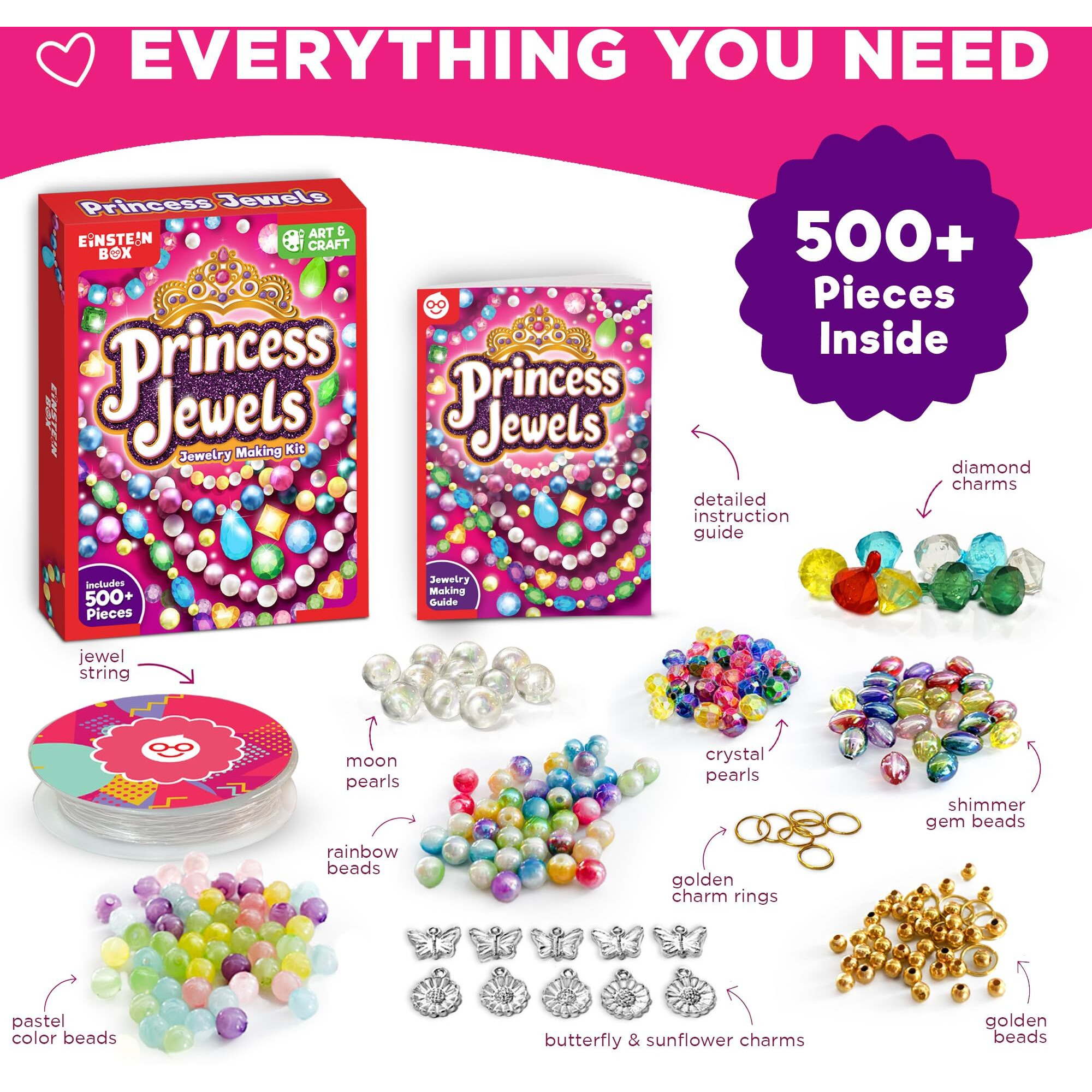 Einstein Box Jewellery Making Kit For Girls 6 To 14 Years Old| Birthday Gift Ideas For Girls 6,7,8,9,10,11,12,13,14 Years Old | With Beads & Charms | Princess Theme |, Multicolour