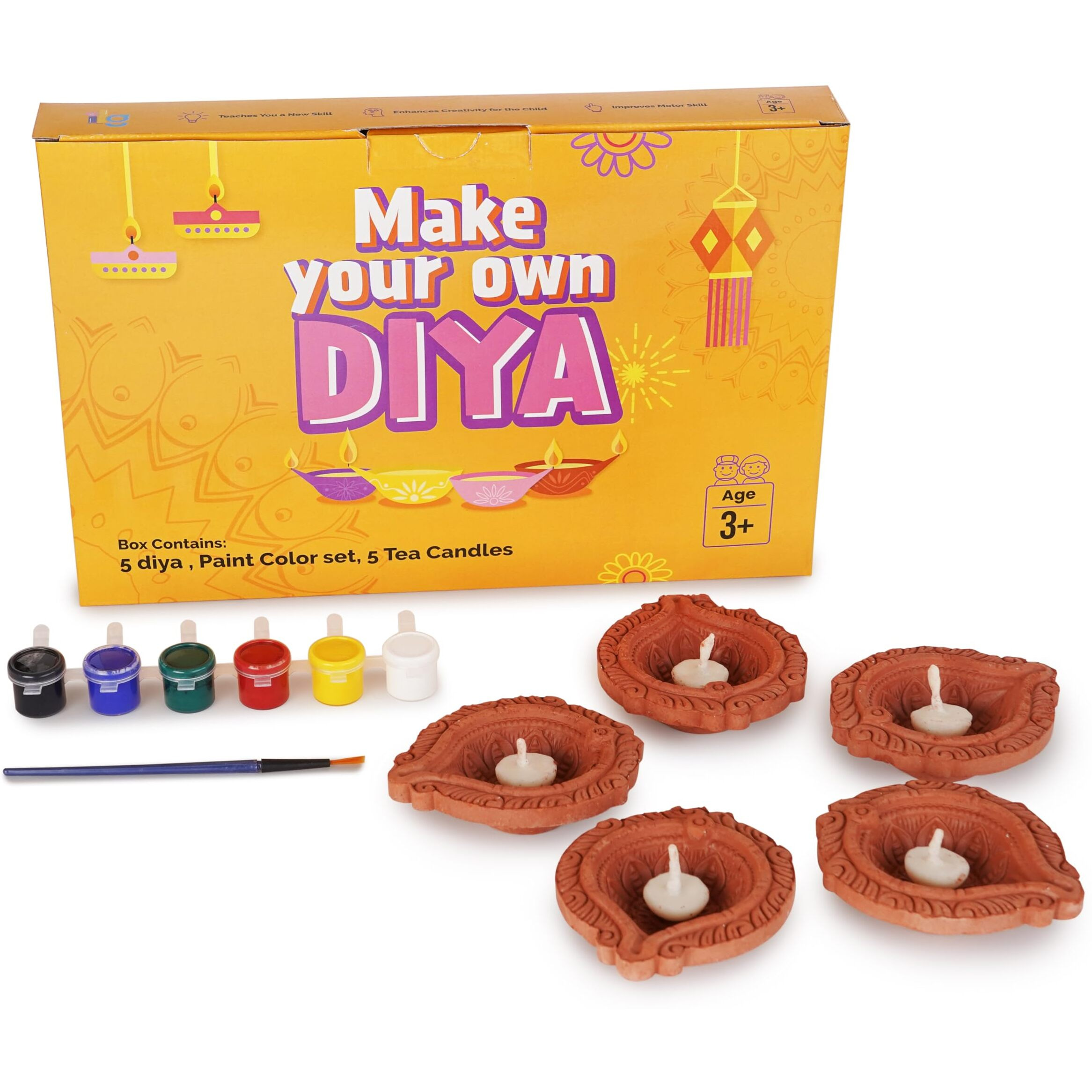 Ilearnngrow Diy Diwali Diya Making Kit | 5 Clay Earthen Diyas | 6 Vibrant Paint Colors And Brush | Handmade Diya Painting Set For Kids | Festive Home Decoration And Diwali Gift