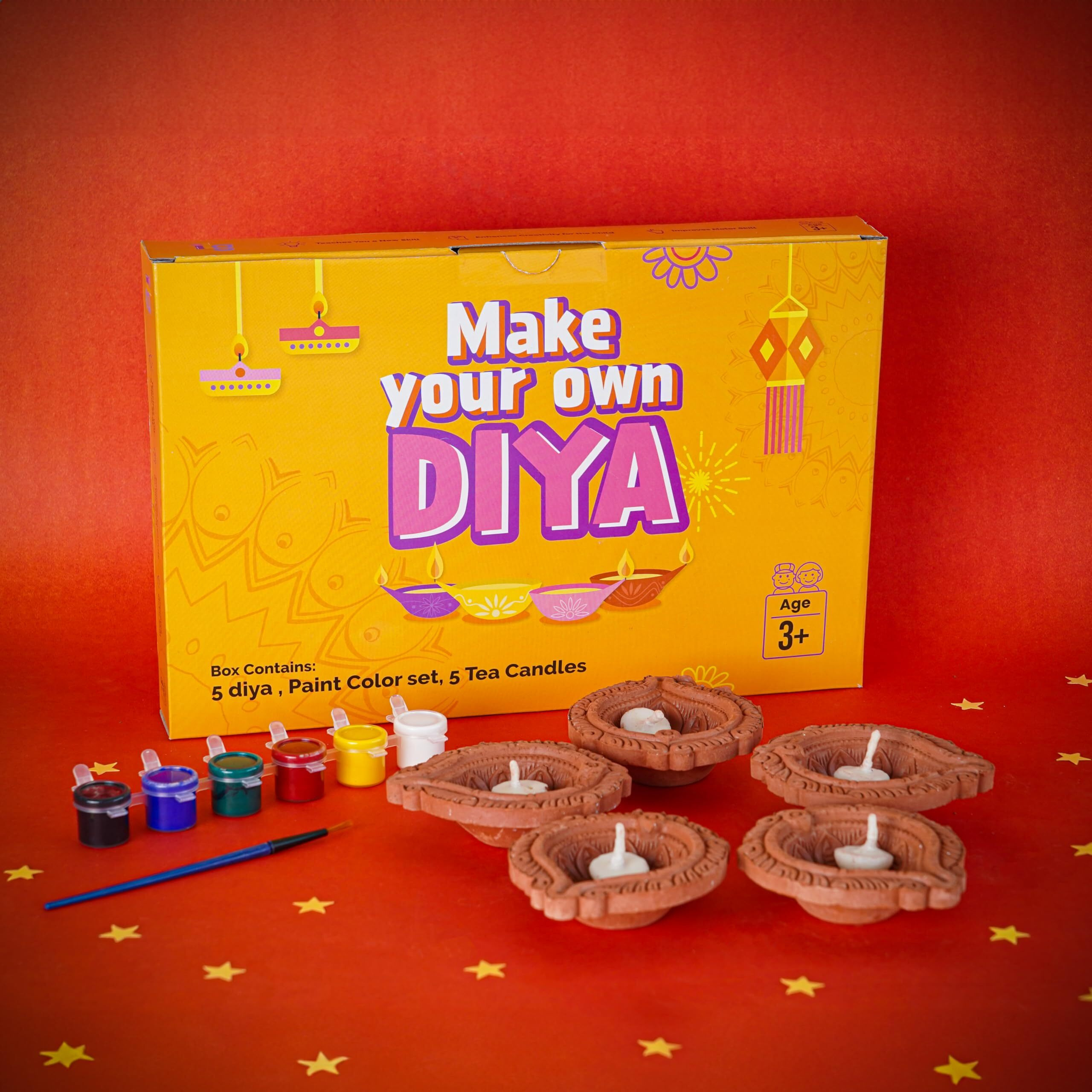Ilearnngrow Diy Diwali Diya Making Kit | 5 Clay Earthen Diyas | 6 Vibrant Paint Colors And Brush | Handmade Diya Painting Set For Kids | Festive Home Decoration And Diwali Gift