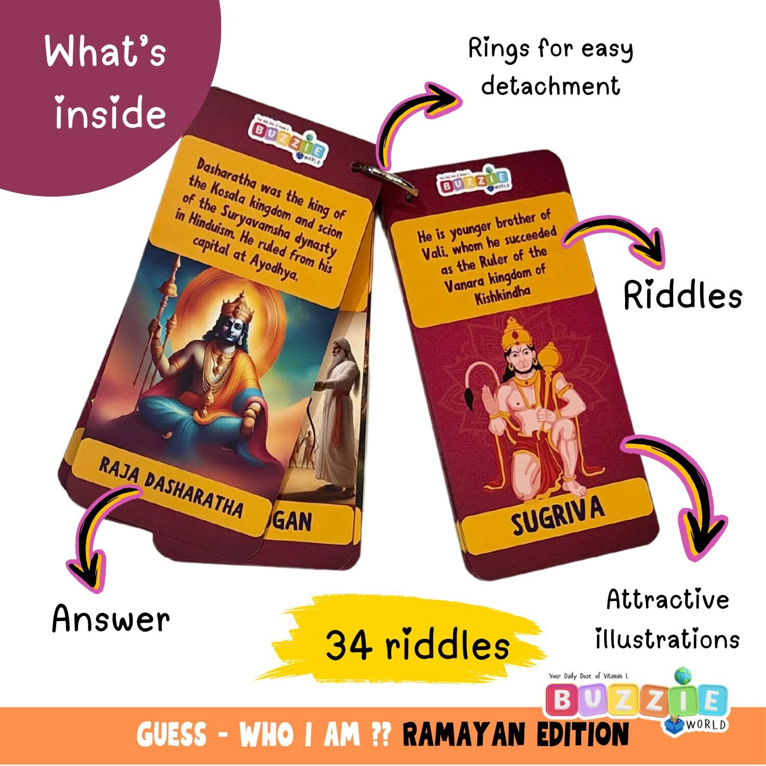 Buzzieworld - Guess Who  Ramayan Edition Riddle Cards | Flashcards For Children, Kids | Diwali Gifts | Travel Pack | 4-99 Years | Gift Box | Gift Ideas | 34 Riddles | 18 Double Sided Flashcards
