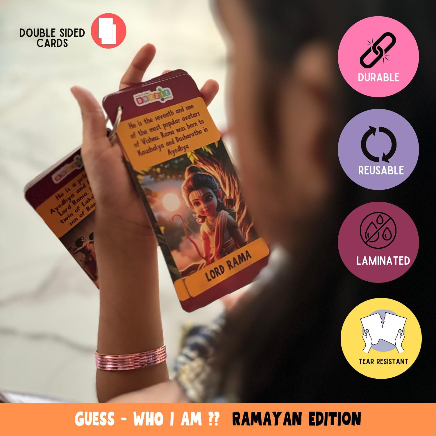 Buzzieworld - Guess Who  Ramayan Edition Riddle Cards | Flashcards For Children, Kids | Diwali Gifts | Travel Pack | 4-99 Years | Gift Box | Gift Ideas | 34 Riddles | 18 Double Sided Flashcards