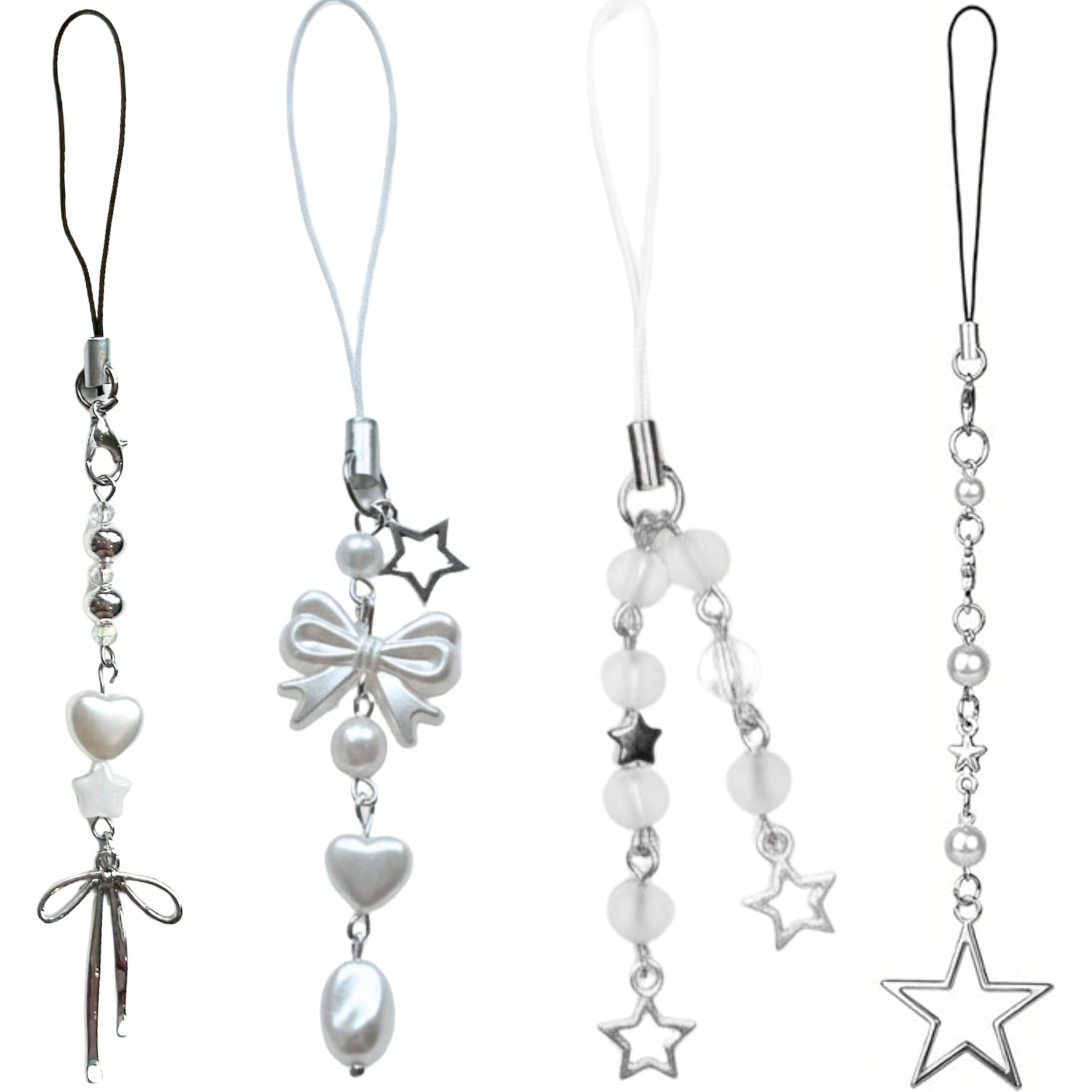 Snowy Shop 4Pcs Aesthetic Silver Bow Phone Charm  Cute Pearl Beaded Mobile Chain Accessory | Stylish Kawaii Phone Strap For Girls, Women & Teens | Trendy Y2K Diwali Gift