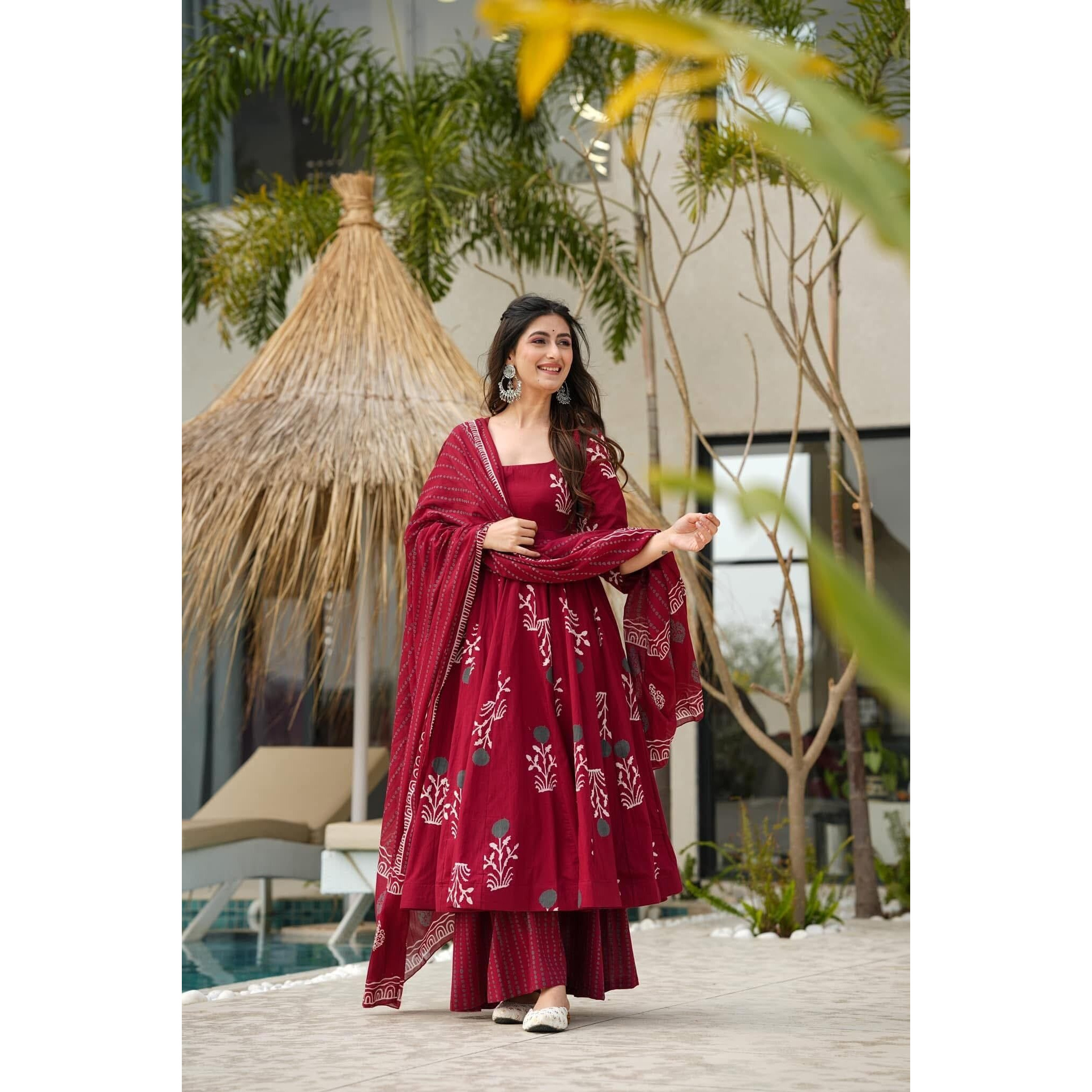 Anni Designer Women's Rayon Viscose Anarkali Printed Kurta With Pant & Dupatta (Giyana Maroon_L_Maroon_Large)