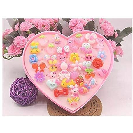 Fashion Alley Kids Girls Cartoon Pretend Play Toy Fancy 36 Finger Ring For Birthday Gifts Comes In Pink Heart Shape Box Suitable For Age 2-10 Yrs(Multi Color)