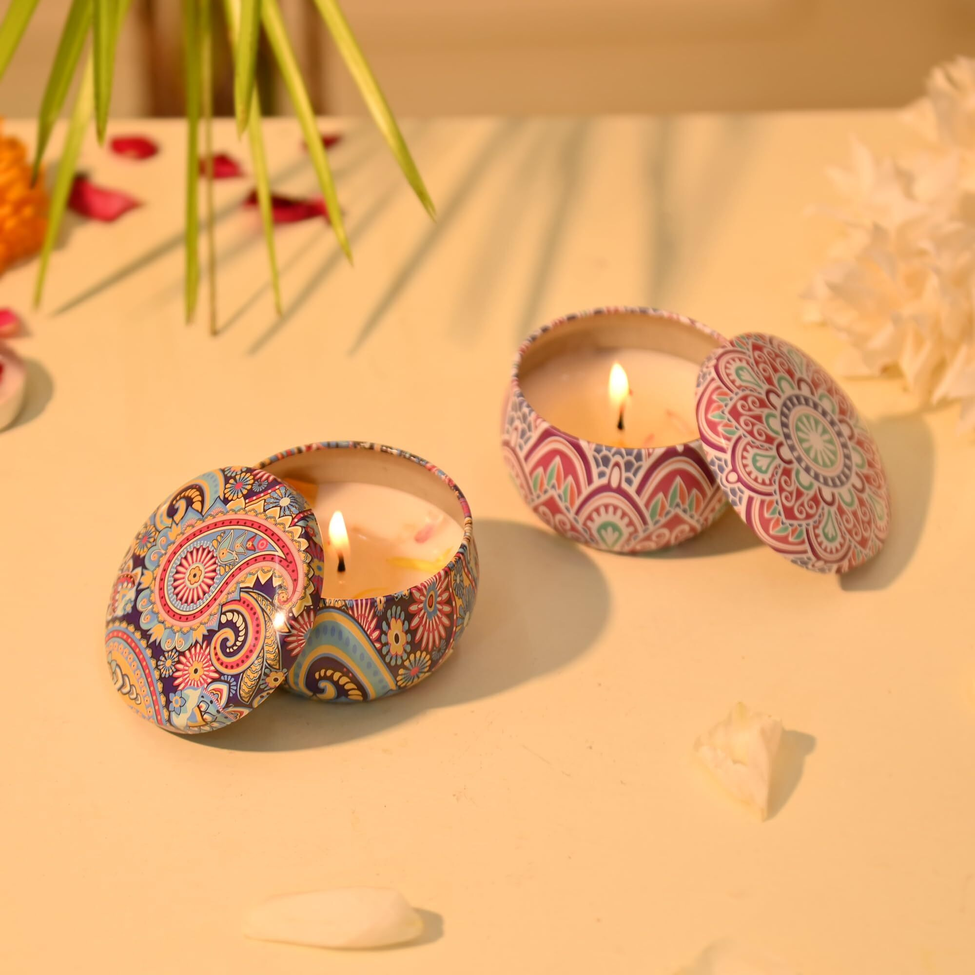 Craftvatika Scented Candles Set Of 2 - Scented Candles Box Gift For Women & Men, Aromatherapy Candles Set, Eco-Friendly Printed Tin Box - Candles For Home Decor Diwali Decoration Items For Home Decor