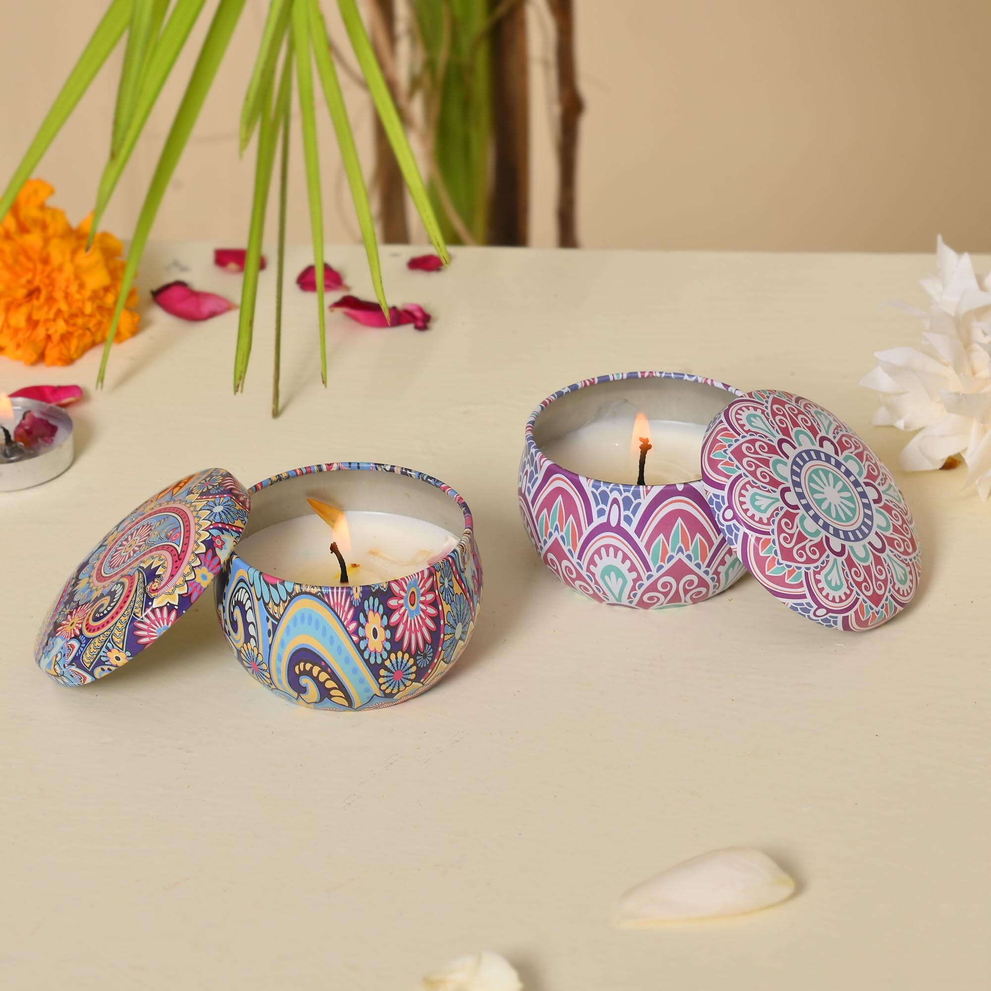 Craftvatika Scented Candles Set Of 2 - Scented Candles Box Gift For Women & Men, Aromatherapy Candles Set, Eco-Friendly Printed Tin Box - Candles For Home Decor Diwali Decoration Items For Home Decor
