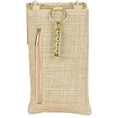 Aiz Bridal Accessories Mobile Pouch Saree Clip Handicraft Collection Women's Cover Wristletd Sling Bag With Beaded Embroidery & Detachable Golden Chain Ethnic Diwali Gifts (Gold)