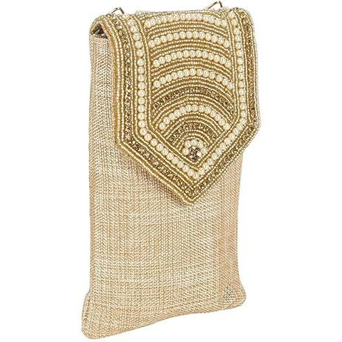 Aiz Bridal Accessories Mobile Pouch Saree Clip Handicraft Collection Women's Cover Wristletd Sling Bag With Beaded Embroidery & Detachable Golden Chain Ethnic Diwali Gifts (Gold)