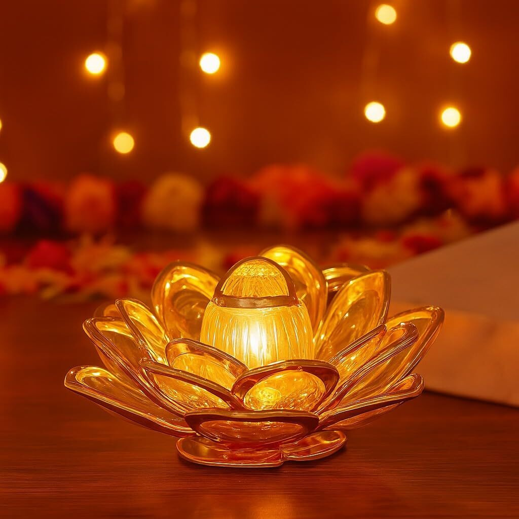 Satyam Kraft 1 Pcs Lotus Led Tea Light Candles | Flameless & Smokeless Diya | Decorative Acrylic Candle | Home Decor, Navratri Decor, Diwali Decoration Item, Pooja Room, Table, Mandir Decor