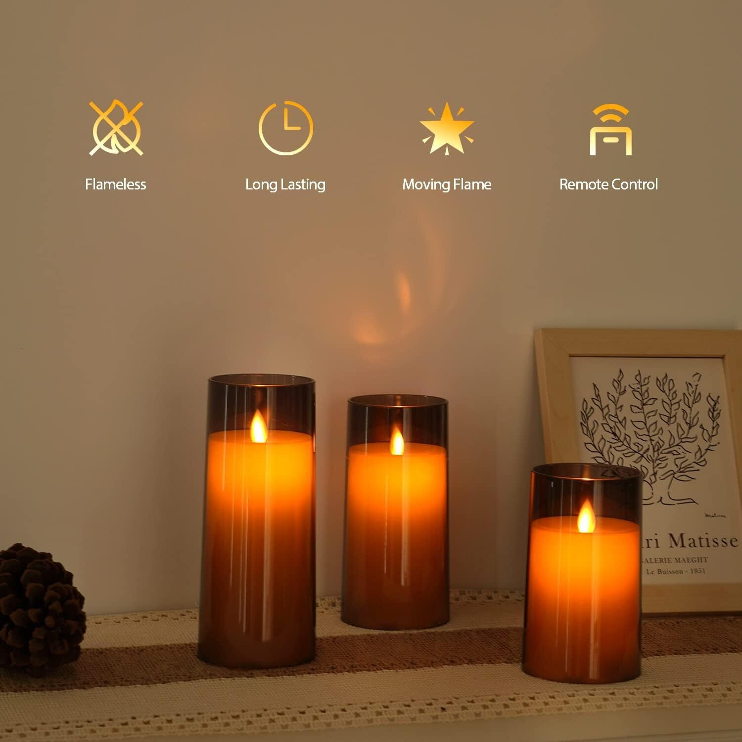 Ltettes Flameless Led Candles Set Of 3 (H-4", 5", 6" X D-3") | Grey Acrylic Fiber Glass Pillar Candles With Remote | Battery Operated | Home Dcor, Wedding, Festival Lighting