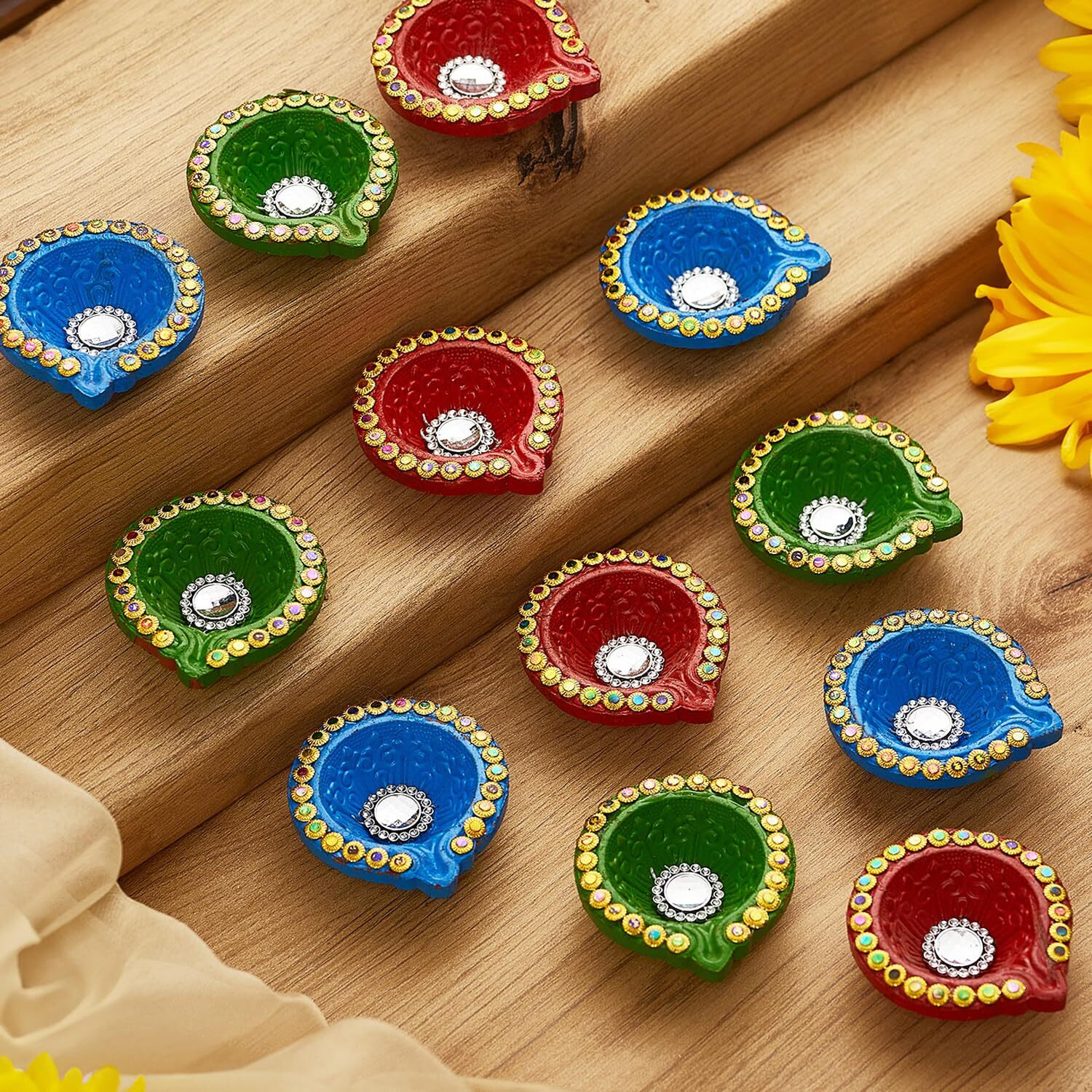 Tied Ribbons Set Of 18 Handmade Clay Diwali Diya S Earthen Oil Lamp Large Diwali Diya For Diwali Decoration Home Puja Office Pooja Room Mandir Temple Table Dipawali Decor Items (Multi, 6 Cm X 2 Cm)