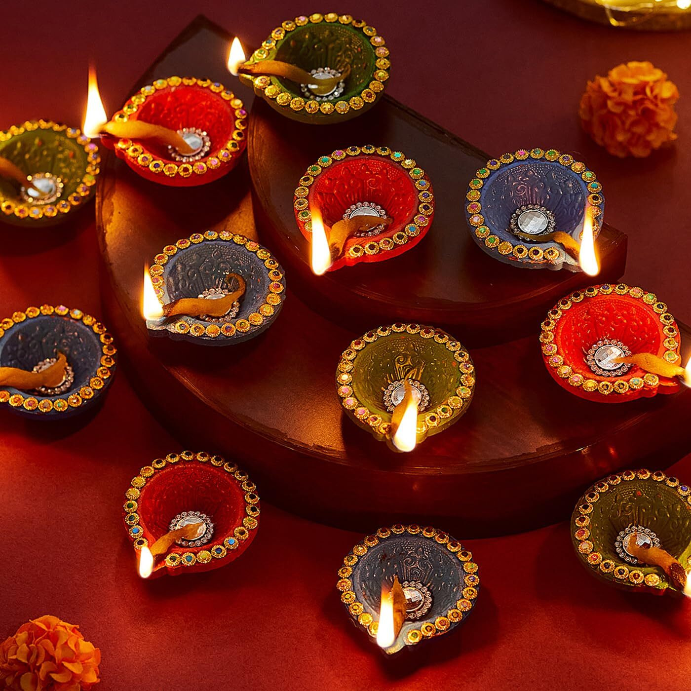 Tied Ribbons Set Of 18 Handmade Clay Diwali Diya S Earthen Oil Lamp Large Diwali Diya For Diwali Decoration Home Puja Office Pooja Room Mandir Temple Table Dipawali Decor Items (Multi, 6 Cm X 2 Cm)