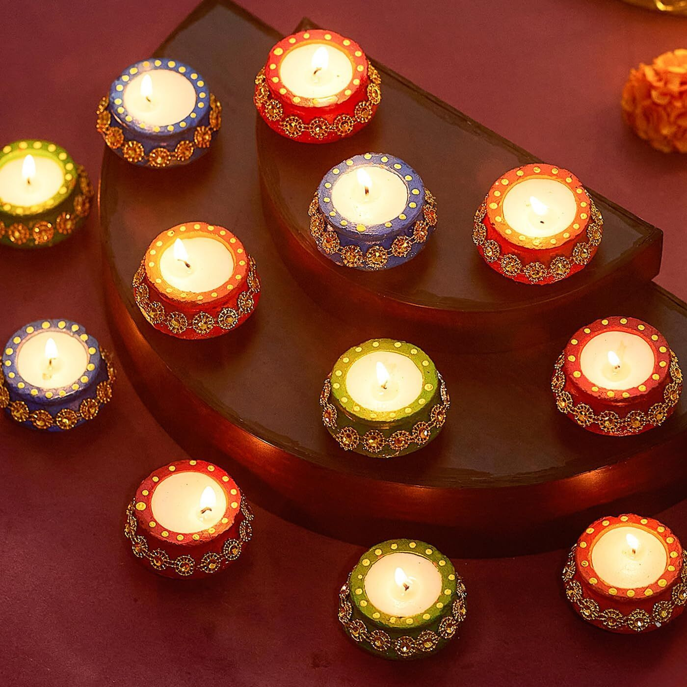 Tied Ribbons Set Of 12 Handmade Clay Wax Filled Diyas Earthen Diya (Multi, 5.3 Cm X 2.5 Cm) For Diwali Decoration Home Puja Pooja Room Office Mandir Temple Table Dipawali Decor Items