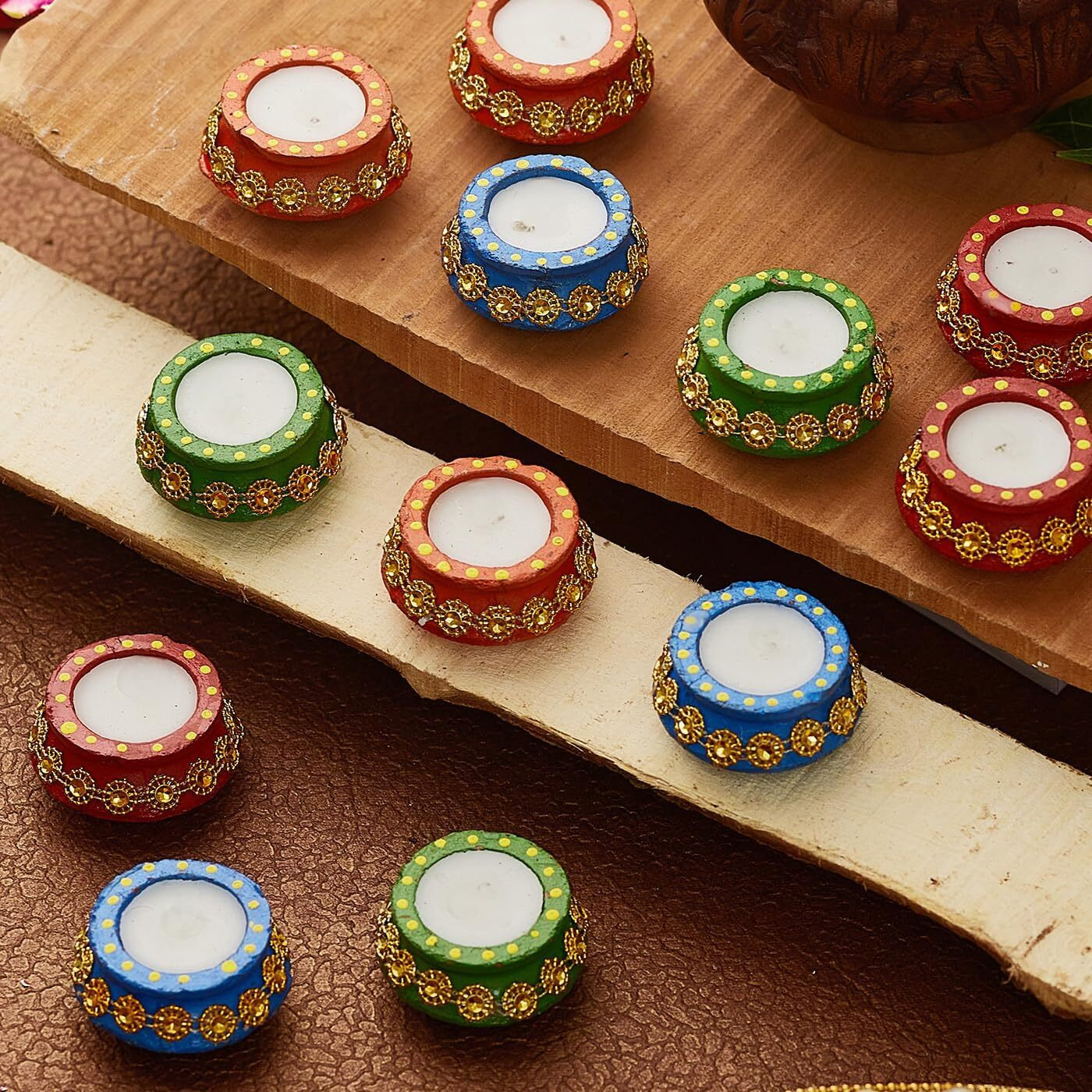 Tied Ribbons Set Of 12 Handmade Clay Wax Filled Diyas Earthen Diya (Multi, 5.3 Cm X 2.5 Cm) For Diwali Decoration Home Puja Pooja Room Office Mandir Temple Table Dipawali Decor Items