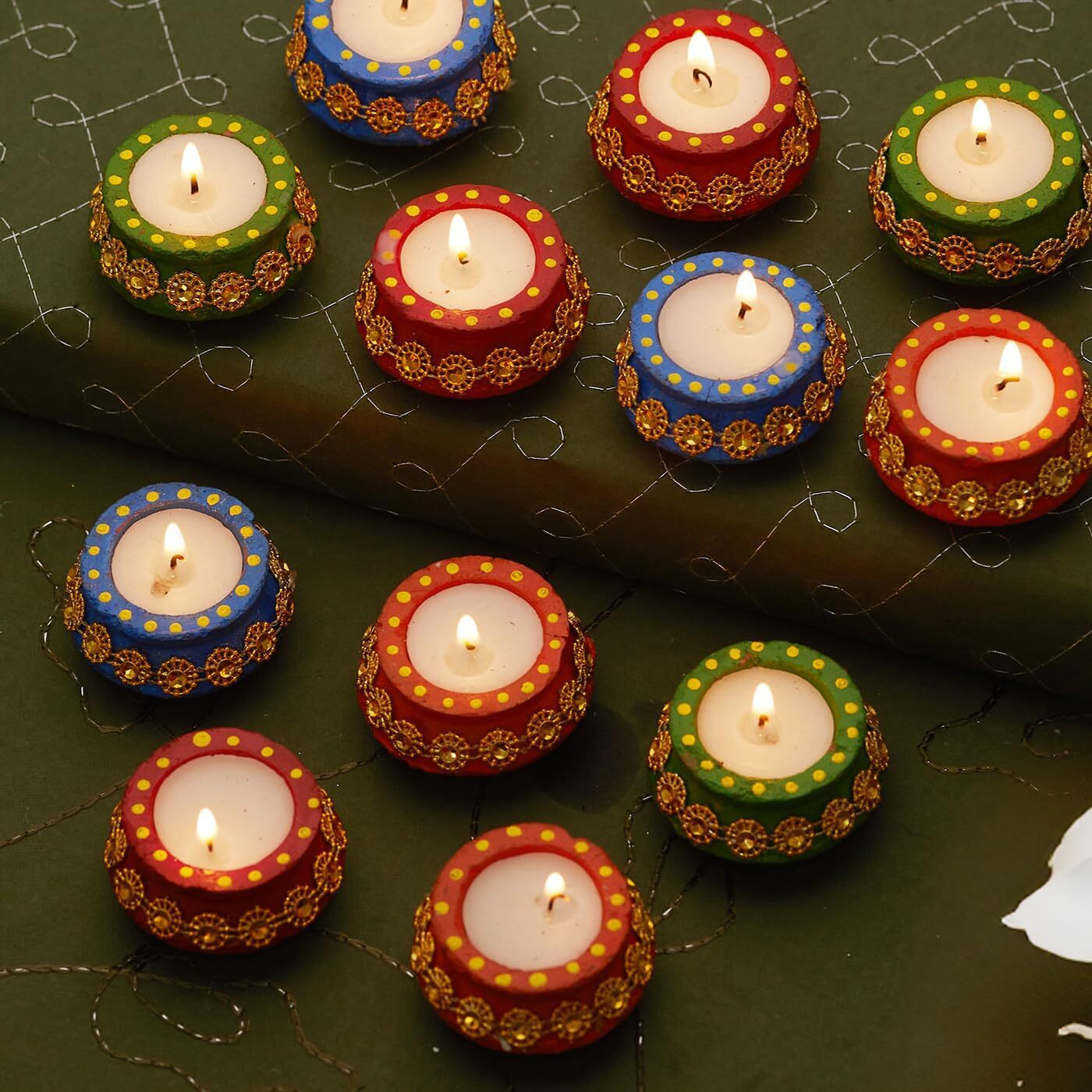 Tied Ribbons Set Of 12 Handmade Clay Wax Filled Diyas Earthen Diya (Multi, 5.3 Cm X 2.5 Cm) For Diwali Decoration Home Puja Pooja Room Office Mandir Temple Table Dipawali Decor Items