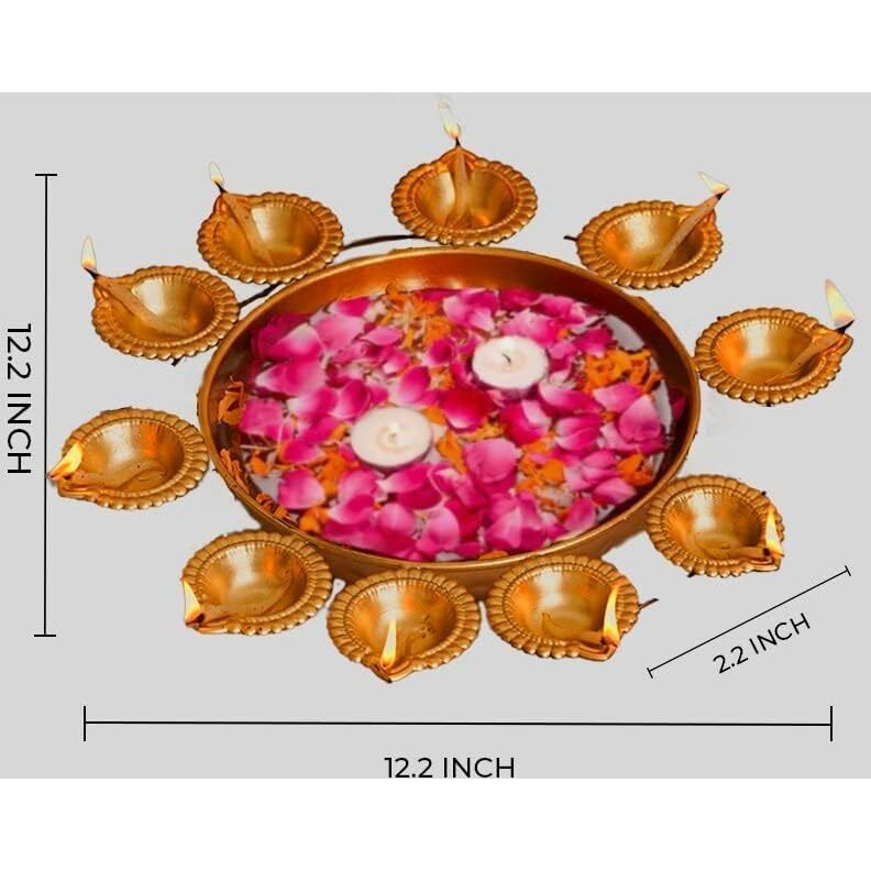 Decorative Brass Finish Diya Stand With Central Bowl | 9 Diya Holder Plate For Pooja, Aarti, Diwali Decoration, Temple & Home Traditional Lighting Plate