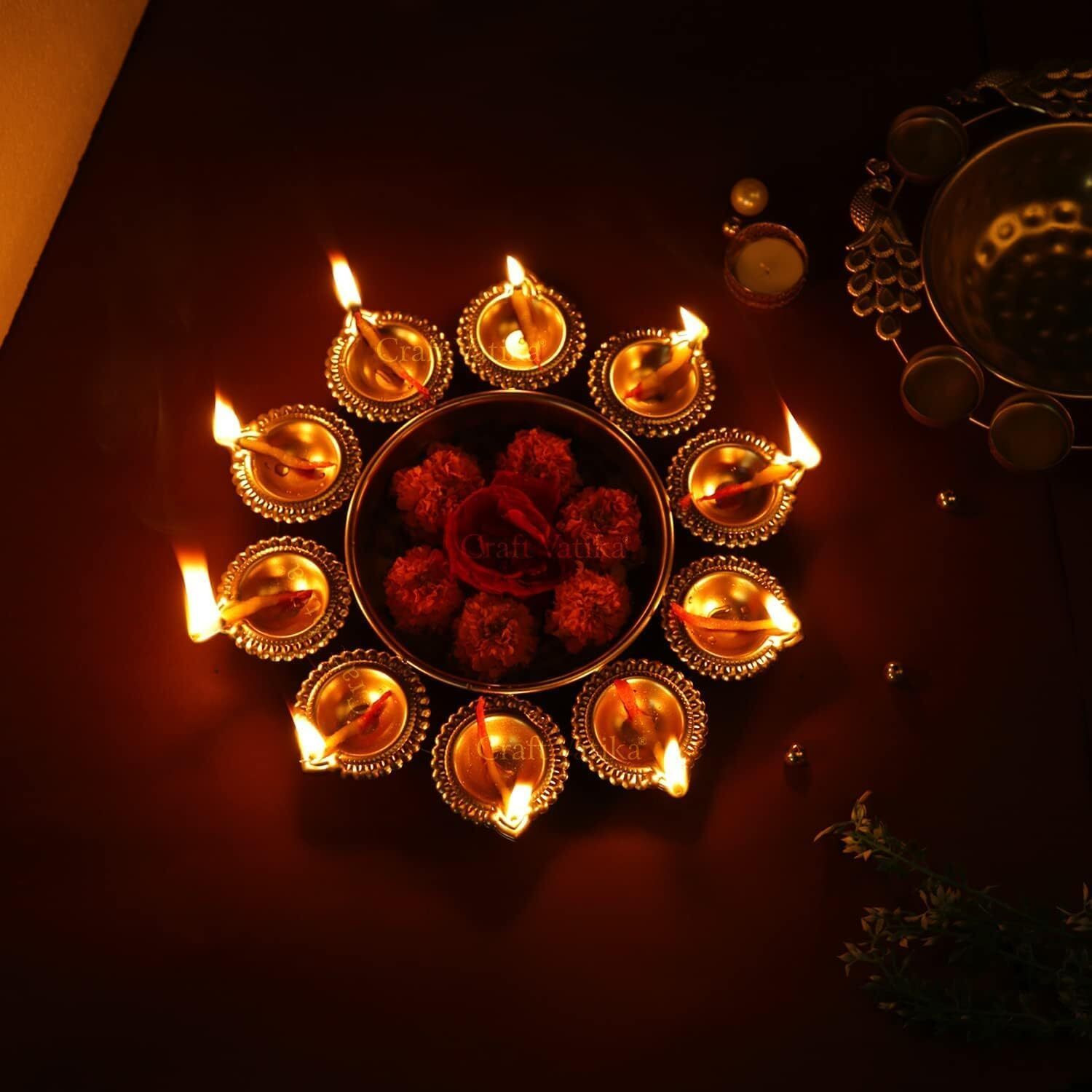 Decorative Brass Finish Diya Stand With Central Bowl | 9 Diya Holder Plate For Pooja, Aarti, Diwali Decoration, Temple & Home Traditional Lighting Plate